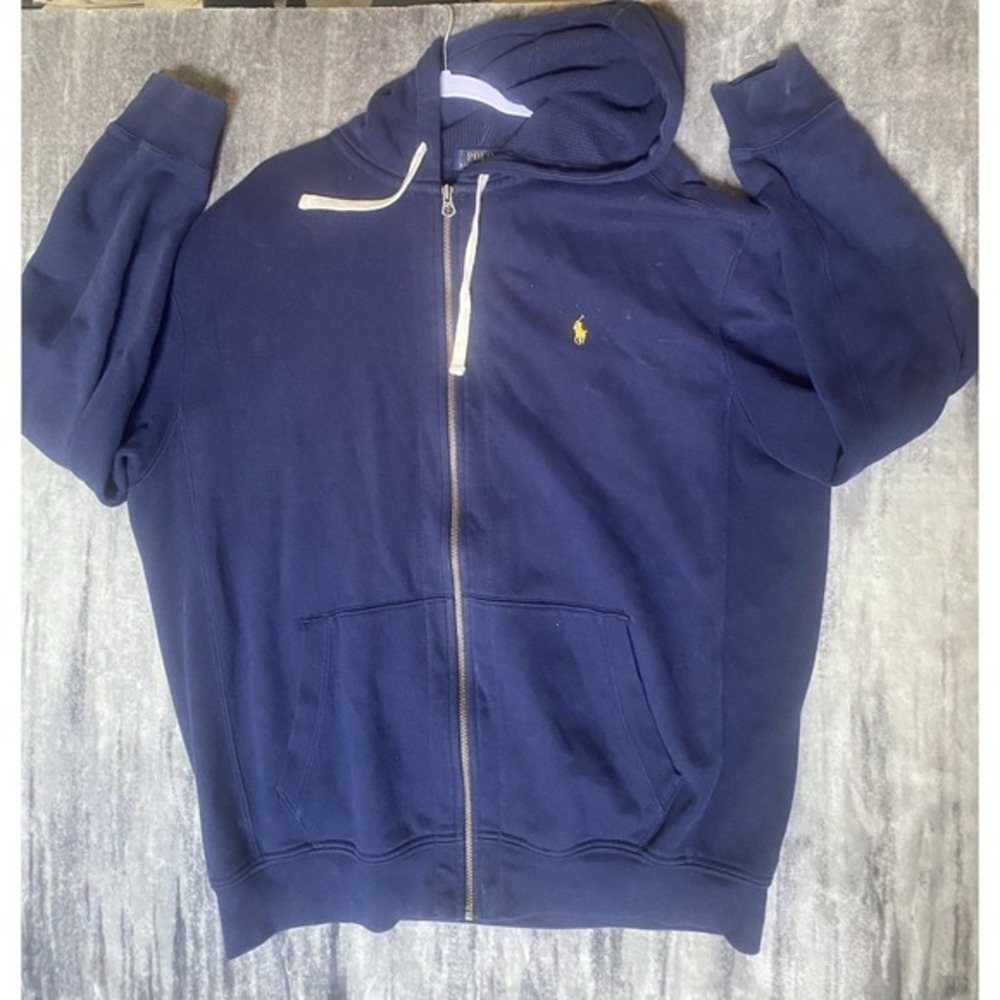 Polo Ralph Lauren Navy Blue Full Zip Hoodie Yellow Pony Waffle‎ Lined 2XLT Tall